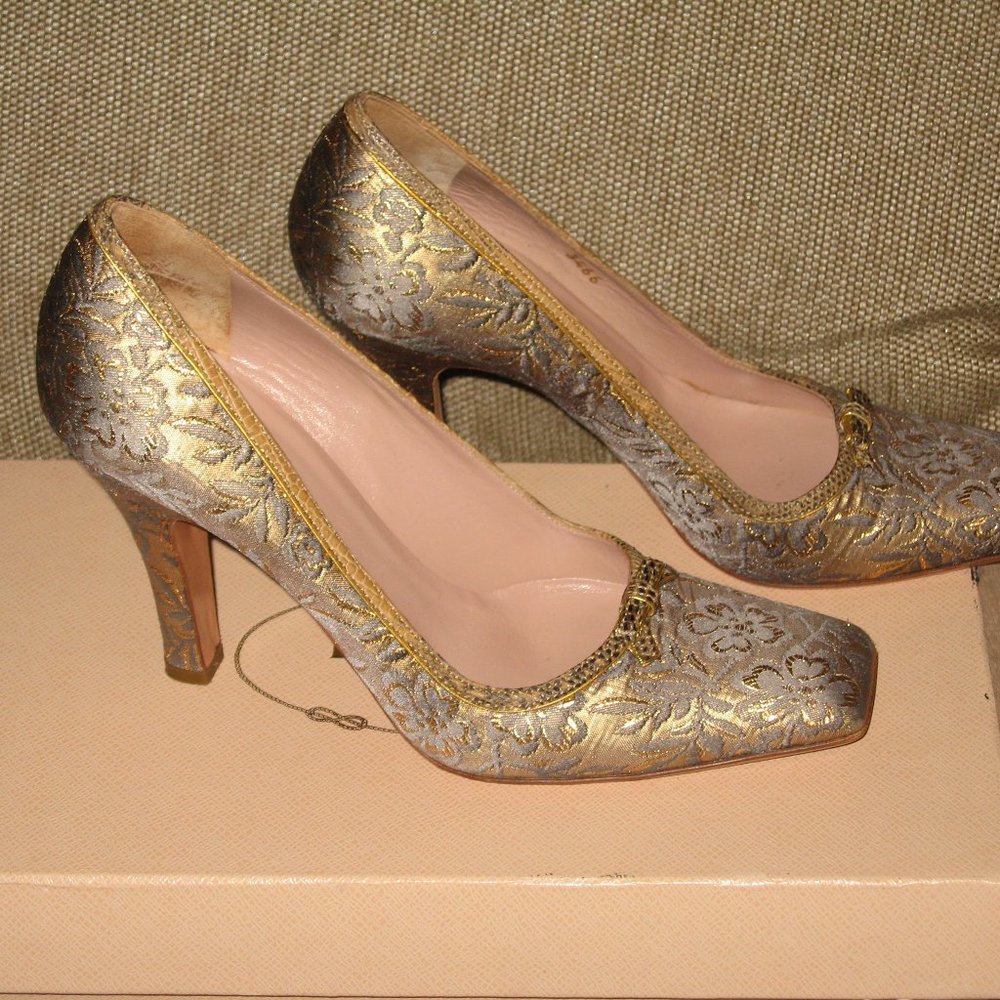 ❤️PRADA SILK FLORAL WITH LIZARD BOW Evening Wedding Pumps Dress Shoes Sz 6 1/2